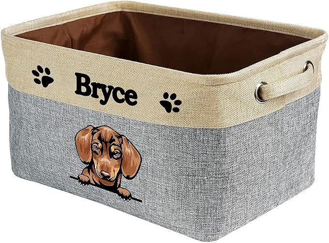 Custom Fabric Dog Toy Storage Basket with Lovely Dog Dachshund Collapsible Sturdy Fabric Pet Toys Storage Bin Cube with Handles for Organizing, Grey and White