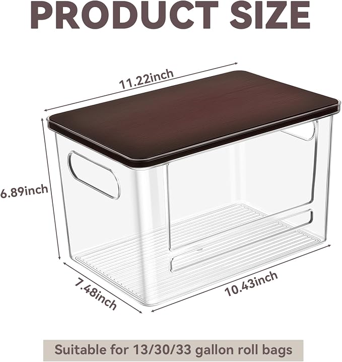 Trash Bag Dispenser Under Sink Organizer for Pantry, Kitchen | Acrylic Garbage Bag Dispenser, with Brown Bamboo Top & Handles, Extra Large, Keep Onions and Potatoes Neat, Clear, Stackable