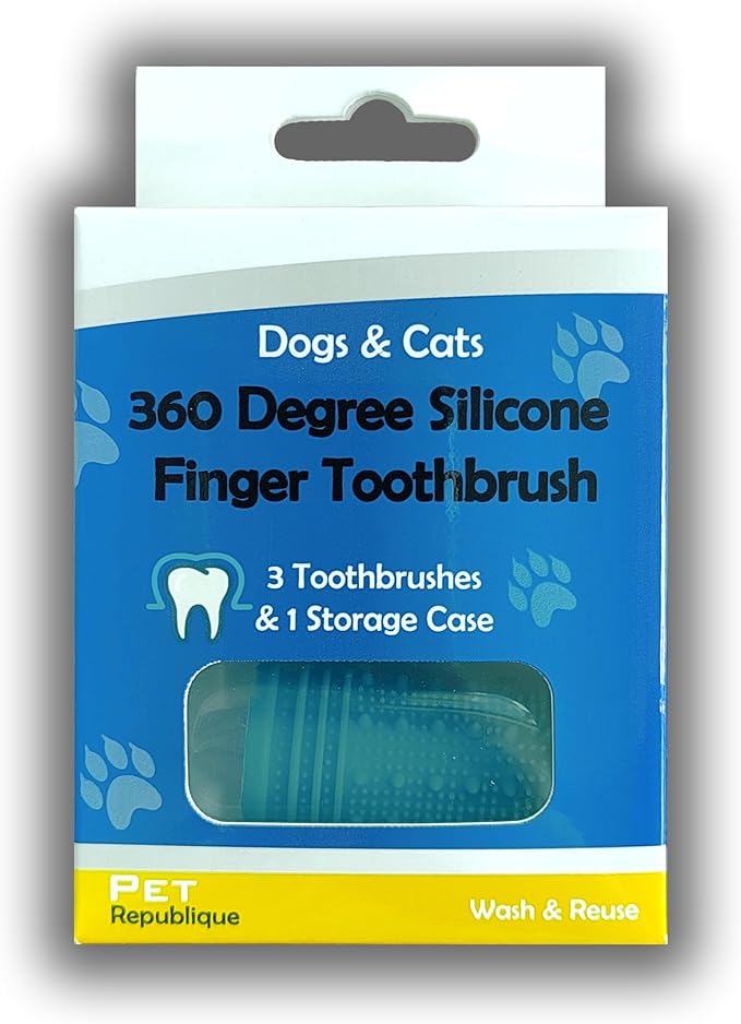 Pet Republique 360 Degree Finger Toothbrush for Dogs and Cats – Full Surround Silicone Bristles (3-Count & 1-Storage Case)