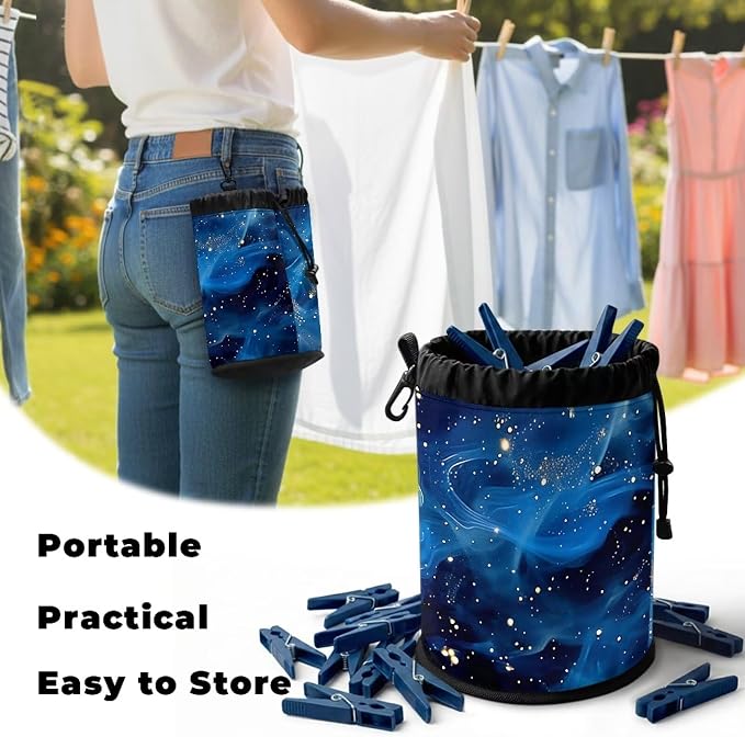 Clothespin Bag Holder Outside, Starry Sky Fluid Pattern Hanging Clothes Pin Bag with Drawstring Closure,Large-Capacity Clothespin Storage Organizer with Hooks