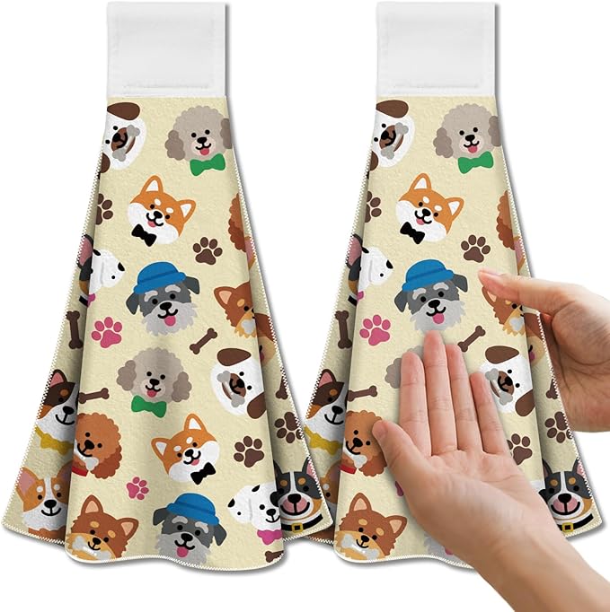 CUTHOLLOW Cute Cartoon Puppy Hanging Kitchen Towels with Loop, Set of 2 - Soft & Super Absorbent Microfiber Decorative Hanging Dish & Hand Towel, Tea, Coffee Towel for Kitchen Bathroom Oven Handle
