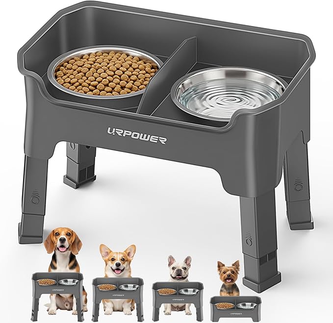 URPOWER Mess Proof Elevated Dog Bowls 4 Height Adjustable Raised Bowl Stand with 2 Stainless Steel Dog Bowls Non-Slip Food and Water Bowl Set for Small and Medium Dogs,Grey