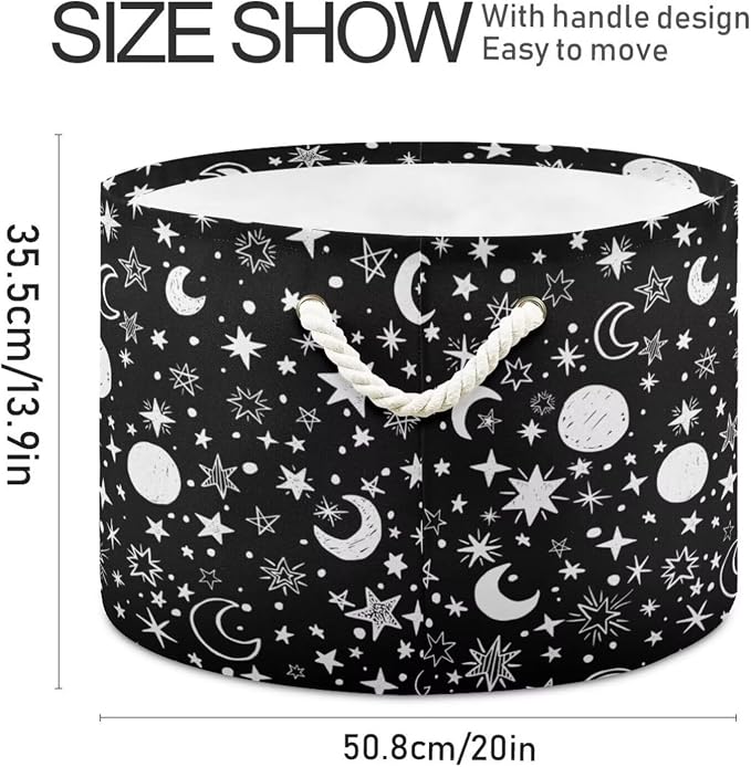 Stars Moon Print Collapsible Round Storage Basket with Handles | Black White Gothic Large Laundry Baskets Hamper, Clothes Organizer Bin for Bedroom Living Room Decor, 20x 20x 14 Inches