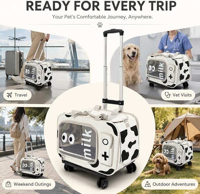 Pet Carrier with Wheels,Steel Wire Frame Cat Carrier,with Upgraded Wheels and Telescopic Handle,for Car Travel Bus Subway, Beige