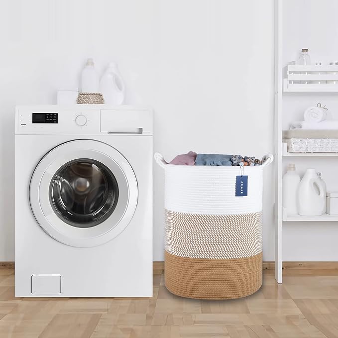COMSE Tall Woven Blanket & Laundry Basket, 72L, White & Camel Mix | 15.7”x 21.7”, Cotton Rope, Large Nursery Hamper for Storage of Toys Clothes Towels, Great for Living Rooms Bedrooms Bathrooms