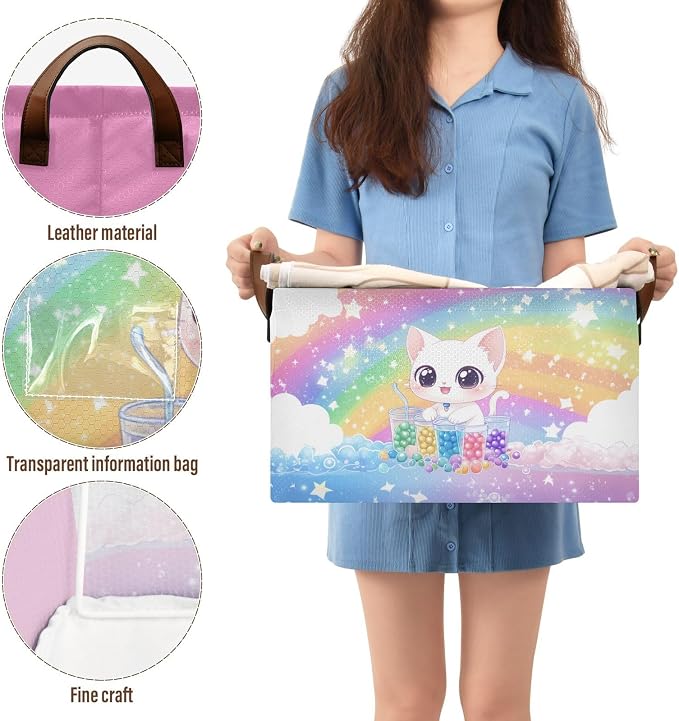 Cute White Cat Rainbow Colorful Baby Storage Basket with Labels&Handles Rectangular Waterproof Nursery Storage Bins Collapsible Shelf Organizer Baskets for Kids Books Cloth Gift Basket Toys Laundry