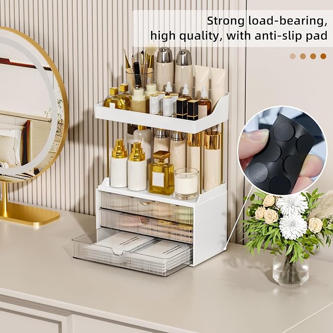 StorBin Arcylic 5-Tier Makeup & Skincare Organizer for Vanity, Bath | Smooth 3 drawers, clear body, gold frame, non-slip, for perfumes, serums, face masks, palettes, vanity & bath counter,Clear