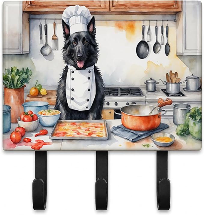 Caroline's Treasures Belgian Sheepdog The Chef Leash or Key Holder Wall Hooks, Key Hooks Holder, Coat Rack Wall Mount, Coat Hooks, Hooks for Hanging Keys, Towels, Aprons, Leashes | Belgian Sheepdog The Chef artwork on ceramic tile with three steel hook...