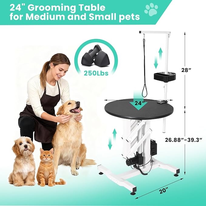 Electric Hydraulic Lift Dog Grooming Table – 24 Inch Rotating Desktop, Overhead Arm, Foot Remote, Tool Organizer, 250LBS Capacity – Ideal for Small Pets
