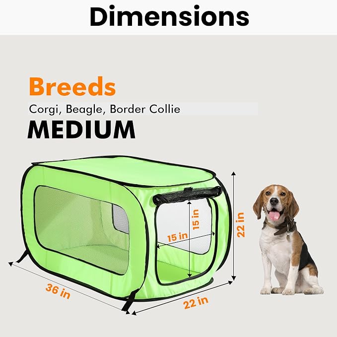 Portable Collapsible Pop Up Kennel, 36" L x 22" W x 22" H, Green | Collapsible indoor/outdoor travel cat and dog crate with mesh screen windows pops up and folds flat for easy storage