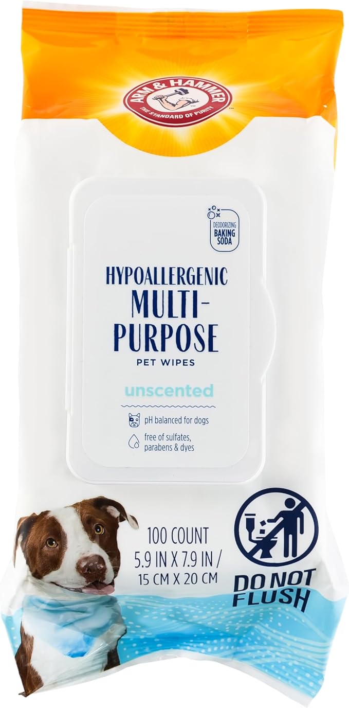 Arm and Hammer for Pets Hypoallergenic Wipes for Dogs, Unscented - Odor Eliminating Waterless Cleaning Wipes with Baking Soda, Gentle on Sensitive Skin, Dogs, 100 Count