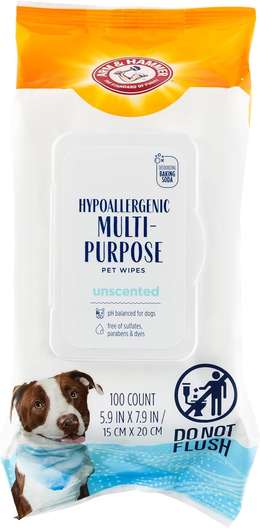 Arm and Hammer for Pets Hypoallergenic Wipes for Dogs, Unscented - Odor Eliminating Waterless Cleaning Wipes with Baking Soda, Gentle on Sensitive Skin, Dogs, 100 Count