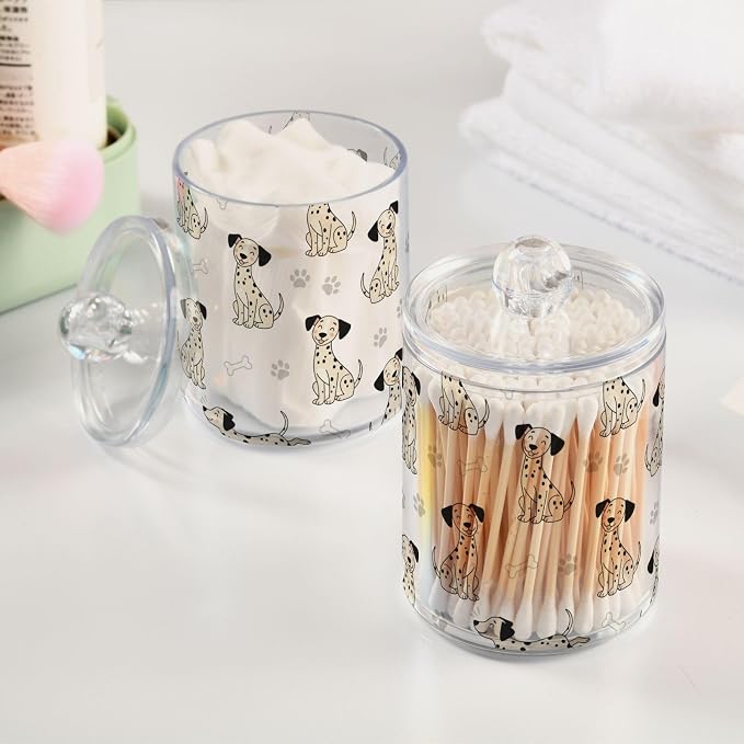 DOMIKING 2 Pack Plastic Cotton Swab Ball Pad Holder Cute Dogs White Pets Print Jars Bathroom Storage Organizer Bathroom Jars with Lid for Cotton Rounds Floss Picks Hair Accessories