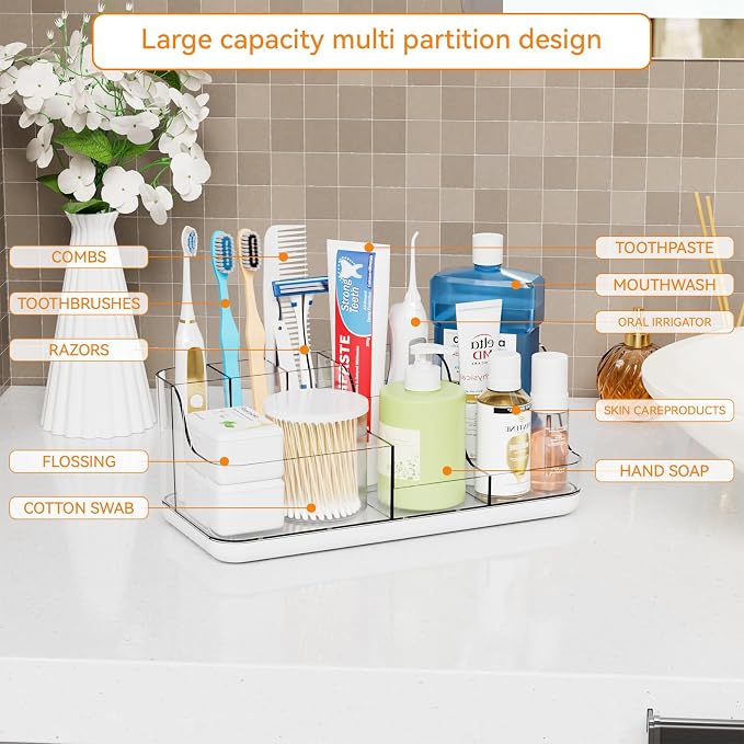 Mens Bathroom Organizer Countertop,Bathroom Sink Caddy Countertop Storage,White 7 Slot Vanity Bathroom Toiletry Organizers and Toothbrush Holders for Toothpaste,Electric Tooth Brush Organizer