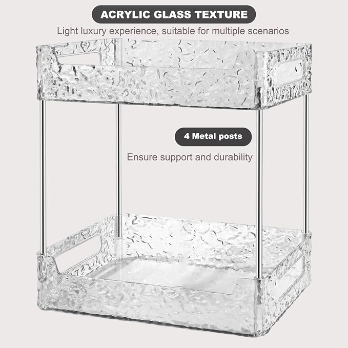 Acrylic Bathroom Counter Organizer, Organizers and Storage, Clear 2 Tier | Crystal, Metal Frame, Glass Texture, PET Plastic Suitable for Most Rooms, Easy Clean
