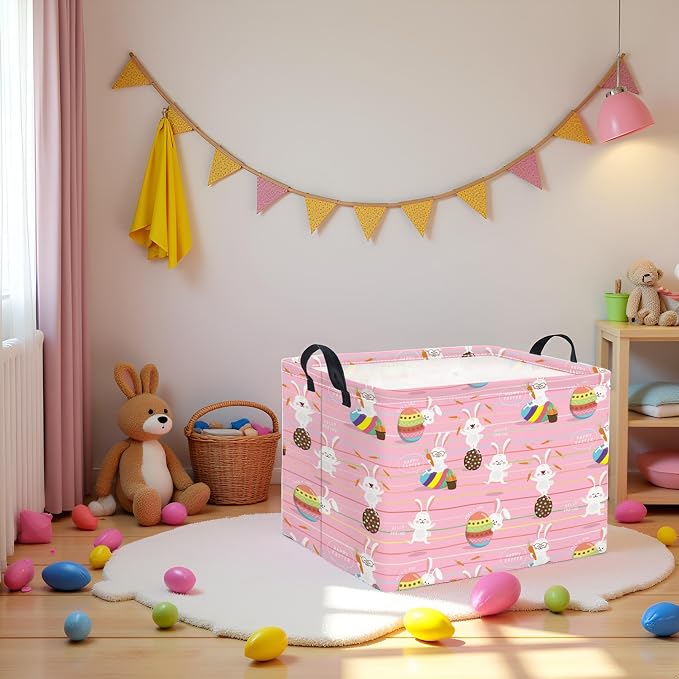Rectangular Easter Basket Easter Basket for Kids Baby Storage Basket Cute Toy Storage Bin Organizer Shelf Book Basket Easter Room Decor(Line Easter Egg)