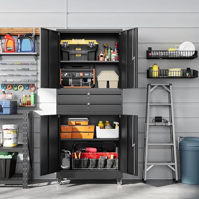 Metal Garage Storage Cabinet with Wheels,Rolling Tool Cabinet with 4 Door Lock-Adjustable Shelves and 2 Drawer for Garage Home Office Utility Room (Black with Wheels)