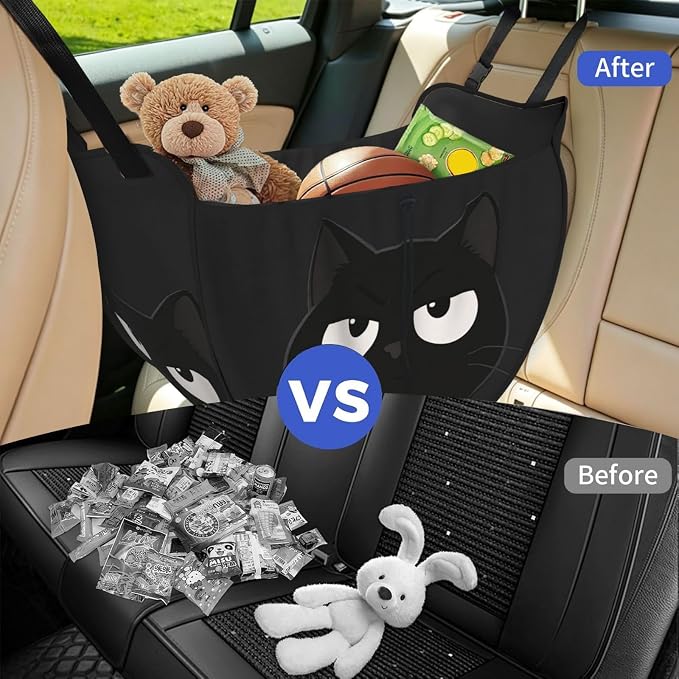 Black Cat Car Seat Organizer-Backseat Storage Bag for Travel | Waterproof Durable. Holds Snacks Gear Essentials. Fits Most Cars.