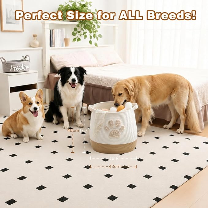 Large 17.7" Cotton Rope Pet Toy Storage Basket with Cute Paw Print - Woven Dog Toy Bin & Cat Organizer - Soft Round Hamper for Puppy Blankets, Treats, Nursery & Living Room Storage