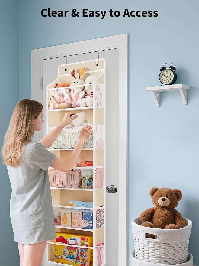 JARLINK Over The Door Toy Storage Organizer w/Clear Window, Beige, 2 Pack | Anti-Tilt 44 lb Load Capacity, Baby Toy Storage Organizer for Stuffed Animals, Nursery, Kid Bedroom, Newborn Baby Essentials