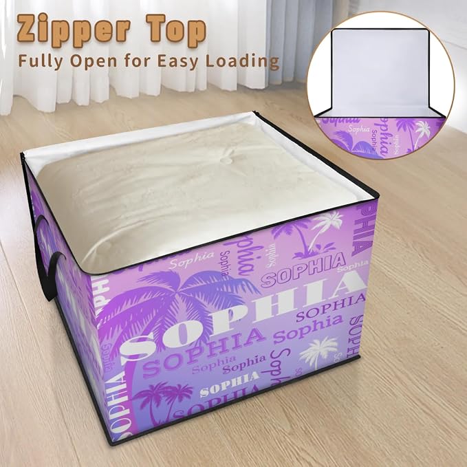 Personalized Storage Bins with Lid, Customized Name Jumbo Storage Basket Rectangle Clothes Organizer for Organizing Kids and Pets Toys Shelf Closet, Gradient Purple Tropical Trees Summer
