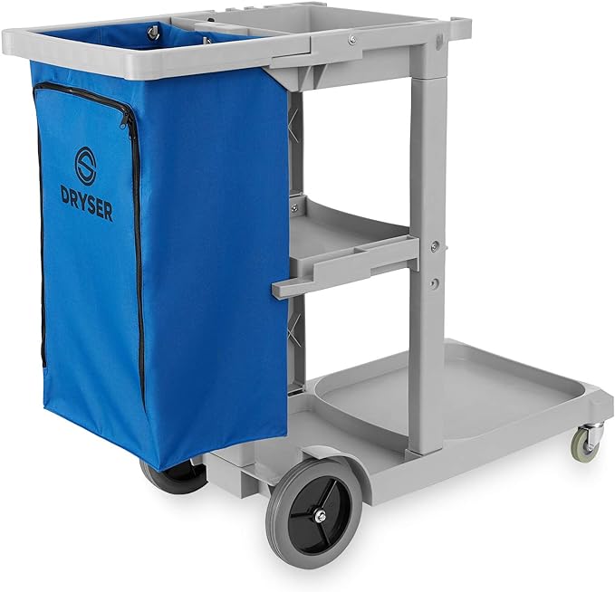 Commercial Janitorial Cleaning Cart on Wheels - Housekeeping Caddy with Shelves and Vinyl Bag