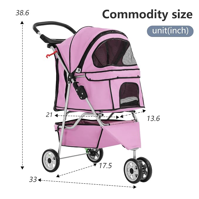 FDW Pet Stroller Foldable Dog Stroller 3-Wheel Durable Cat Jogger Stroller for Small and Medium Dogs Cats with Washable Liner Storage Basket Cup Holder,Pink