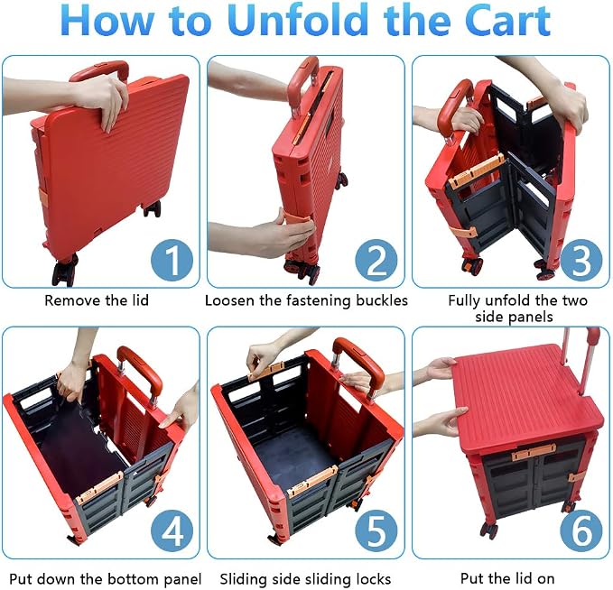 FELICON SELORSS Foldable Utility Cart Folding Portable Rolling Crate-Red | Durable,Heavy Duty,Plastic Box,Telescoping Handle,4 Rotate Wheels,Collapsible Handcart for Travel Shop Move Luggage Office