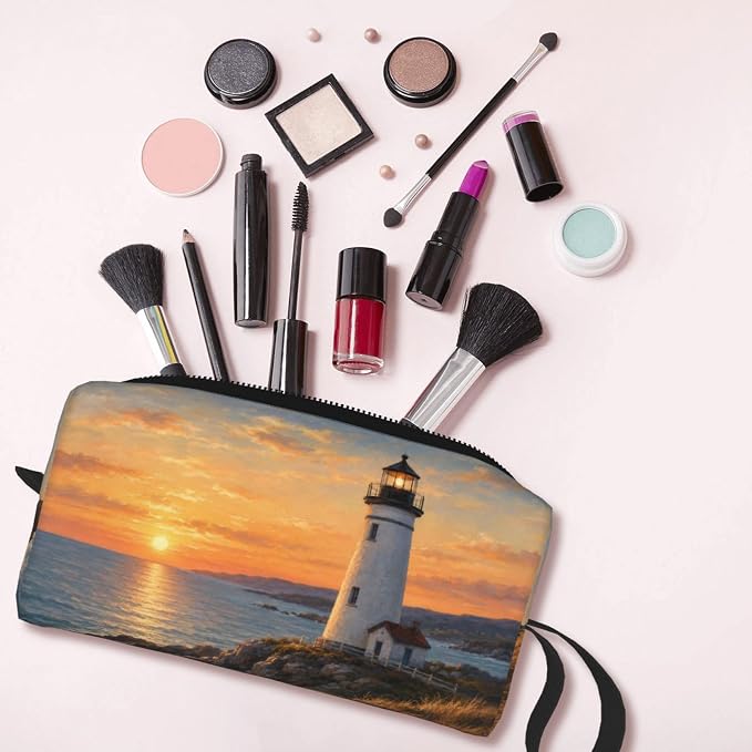 Lighthouse at Golden Sunset Makeup Bag for Women, Cosmetic Pouch | Double-Sided Sunset Lighthouse Cosmetic Organizer with Foam Padding for Women, Travel, Gym, School, and Daily Storage