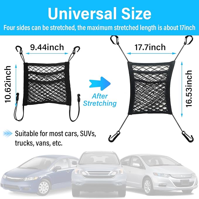 Kewucn 3 Layers Car Mesh Organizer, Four-Side Elasticity Auto Seat Back Net Bag Between Front Seats, Car Net Barrier of Backseat Pet Kids, Tissue Purse Holder, Storage Netting Pouch