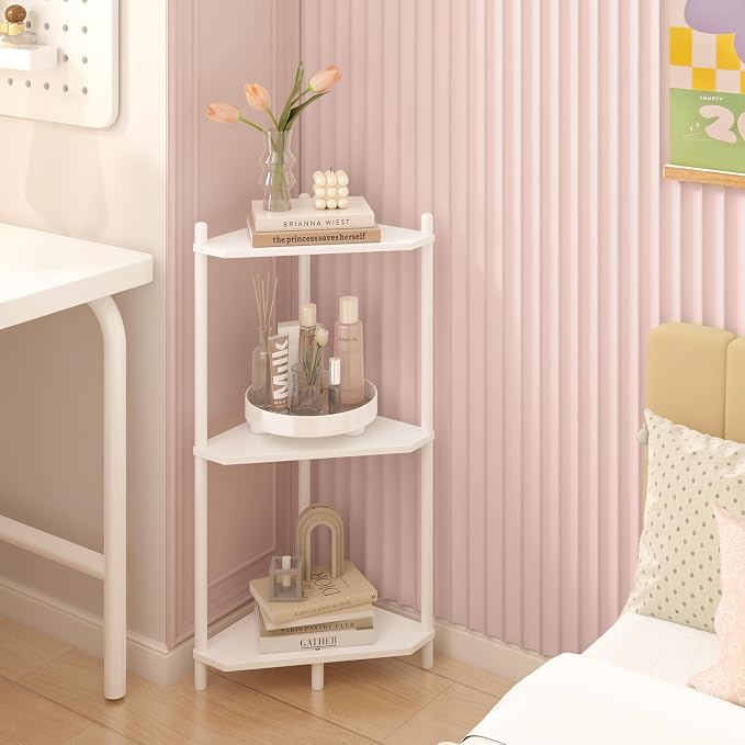 Wisuce White Small Corner Shelf Stand, 3-Tier Bamboo Corner Bookshelf | Space-Saving Narrow Corner Shelf | Bathroom Corner Shelf | Shelves for Bedroom, Living Room, Kitchen & Plant Display