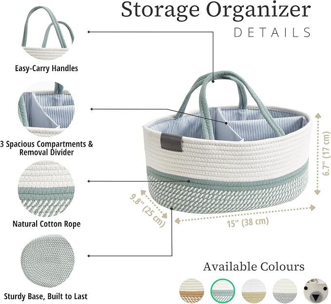 DECOMOMO Baby Caddy Organizer, Large Diaper Caddy Basket | Baby Baskets for Baby Shower (Sage Green & White)