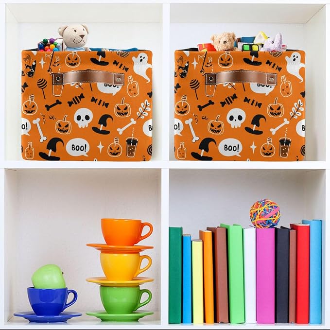 Kigai Storage Basket, Fabric Collapsible Closet Organizer Bin | Halloween Pumpkin Waterproof Foldable Canvas Basket with Handles for Shelves, Nursery, Closet, Bedroom & Bathroom