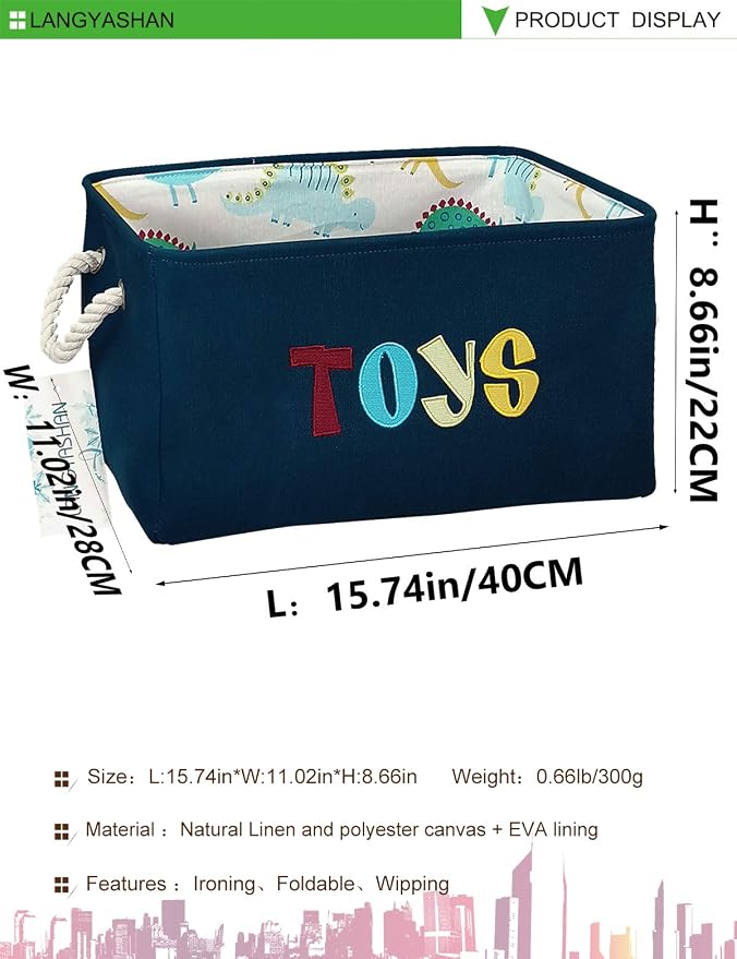 Rectangular Thick Storage Bin Organizer for Closet Kitchen Office Navy Toys | Foldable Space Saving Canvas Fabric Laundry Hamper with Handles Organizer for Boys and Girls Bedroom Shelf Gifts Baskets