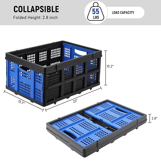 Garvee Collapsible Crate, 55L Foldable Plastic Milk Storage Crate, Blue | Heavy Duty Stackable Plastic Crates Folding Storage Baskets for Groceries, Moving, Camping & Car Storage