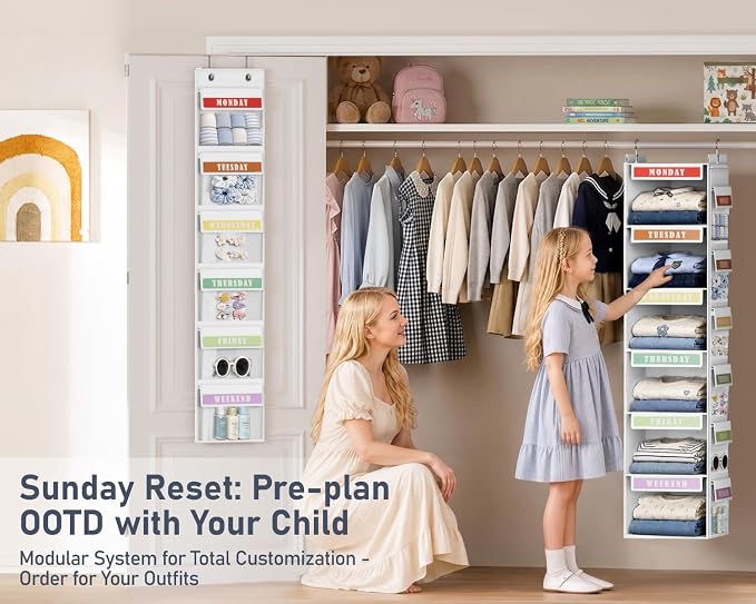 DIMJ Weekly Clothes Organizer for Kids - 2 in 1 Hanging Closet Organizer 6-Shelf Daily Monday Friday and Weekend Hanging Shelf Over the Door/Closet, for School Outfits for Girls/Boys, White