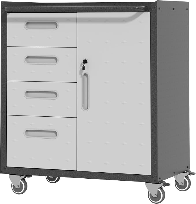 Metal Storage Cabinet for Garage, Tool Cabinet, Utility Cabinet | Wheeled, Rolling Tool Cabinet, 4 Drawers, 1 Door Lockable, Top Countertop, Assembly Required, Black & Grey