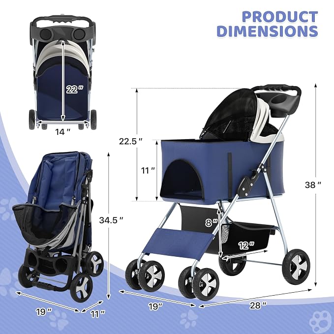 Magshion 3-in-1 Foldable Pet Stroller for Small to Medium Dogs and Cats | Dog Travel Jogger with Detachable Carrier, Cup Holder & Storage Basket, For Small/Medium Dogs & Cats Up to 33 lbs