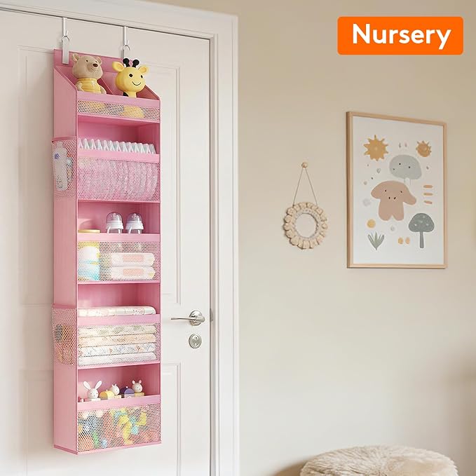 Lifewit 5 Tier Over the Door Organizer, Diaper Hanging Storage, Pink | Nursery Sturdy Large Heavy Duty Back of Door Shelf with 4 Mesh Side Pockets, for Baby Stuff Toy in Pantry, Laundry, Bathroom