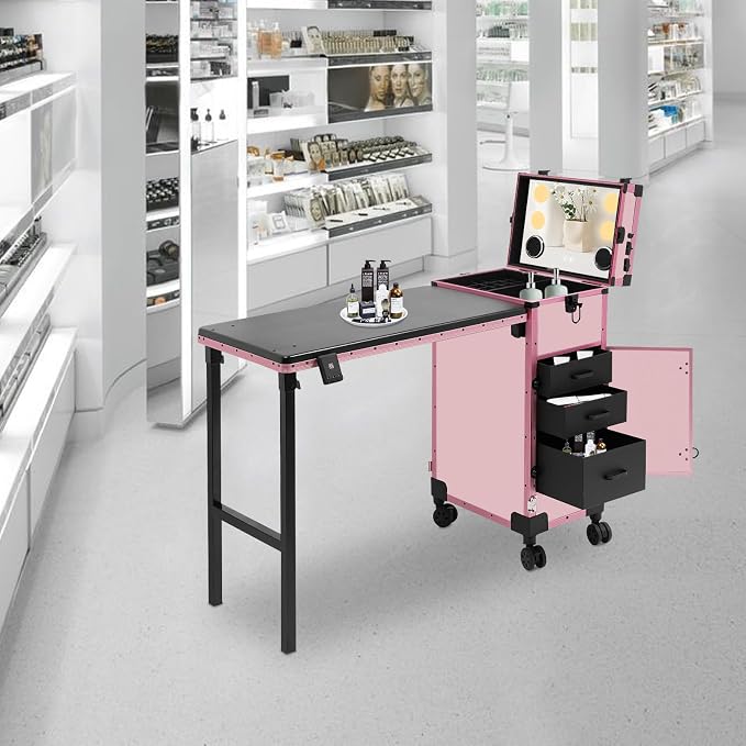 Professional Cosmetic Trolley Storage Organizer, Foldable Nail Tables Travel Cosmetic Trolley Storage Organizer w/ 4 Drawers Mirror & Speaker for Hair Stylists Pet Groomers Makeup (Light Pink)