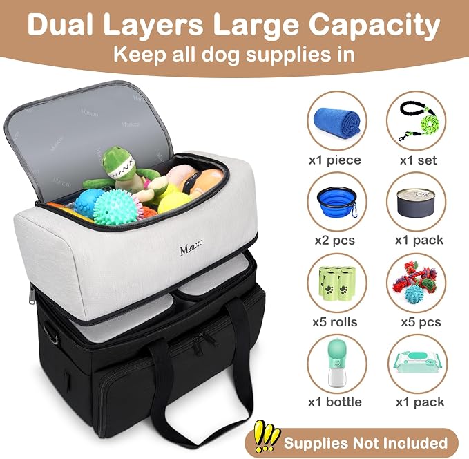 Mancro Dual Layers Dog Travel Bag, Dog Mom Gifts, Road Trip Essentials | Pet Travel Bags with 2 Extra Large Food Containers, 2 Collapsible Dog Bowls, Multi-Pockets Tote Organizer for Pet Supplies