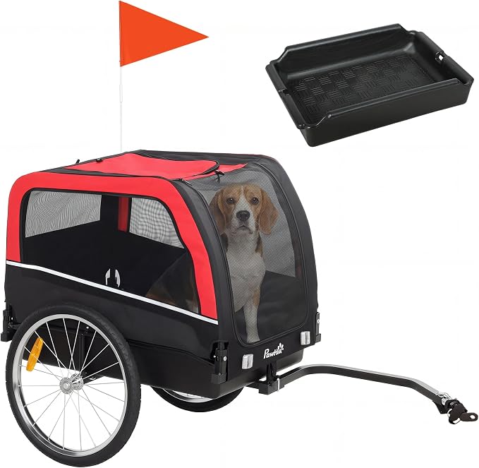 PawHut Dog Bike Trailer 20" Air Tires for Small Medium Breeds 44 lbs | Pet Cart Bicycle Carrier, Quick-Release Wheels, Reflectors, Flag, Dog Cart for Bicycle