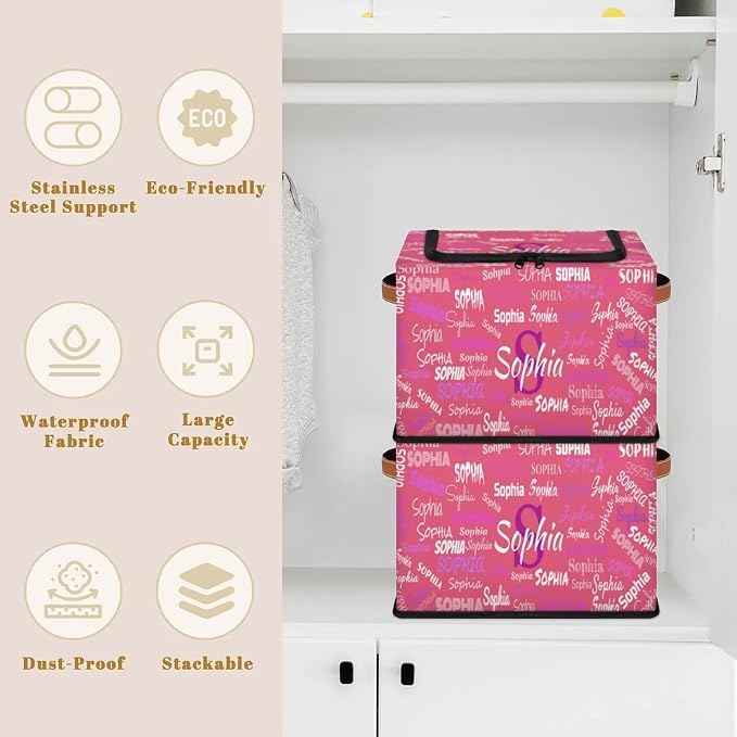 Custom Name Storage Bin with Lid Zipper, Personalized Watermelon Pink Rectangular Storage Basket with Handles for Organizing Boys Girls Toys Office Closet Shelf Baskets
