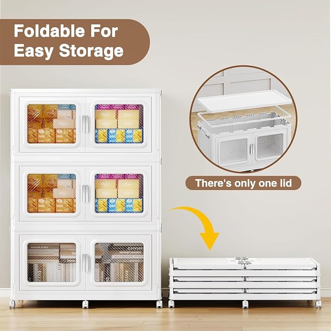 BROVIEW 220 Qt Extra Large Stackable Storage Bin with Lid, 1 Pack White | 55Gal Extra Large, Collapsible Storage Boxes with 1 Lid, Folding & Rolling Plastic Drawer, Heavy-Duty Cabinet Organization
