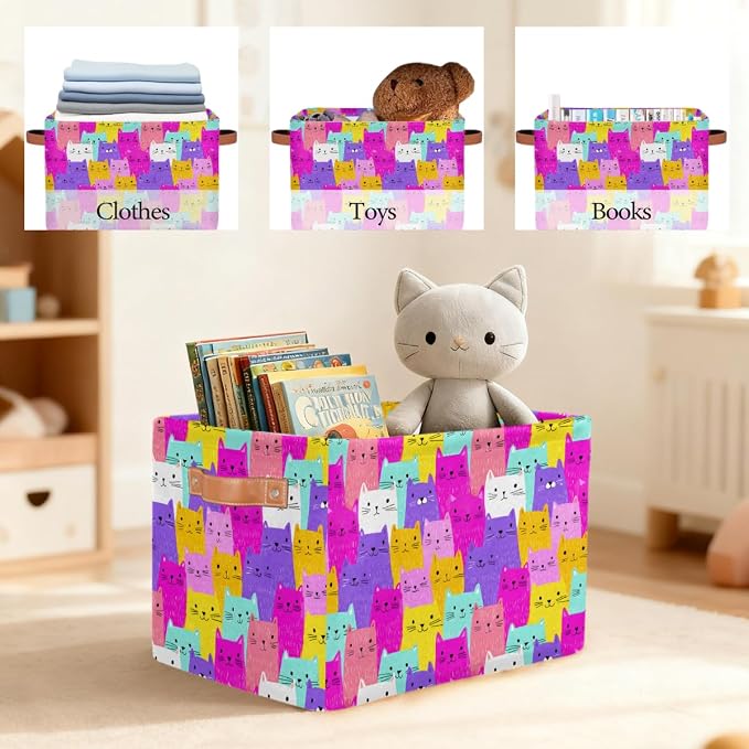 Pardick Storage Baskets Bin, Colorful Animals Cat Cute Collapsible Canvas Fabric Storage Bin Decorative Baskets Toy Organizer Rectangle Storage Boxes with handles for Home Shelves Nursery,Q-9