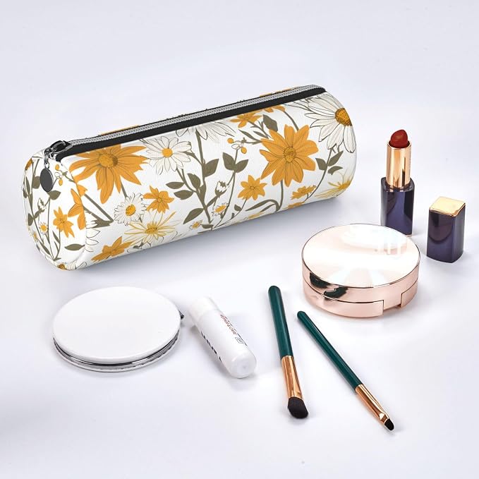 OSAM SPACE Leather Pencil Case Round Pencil Bag Daisy Floral Pen Organizer Holder Portable Zipper Pouch Cute School Supplies for Girls Boys Study Office