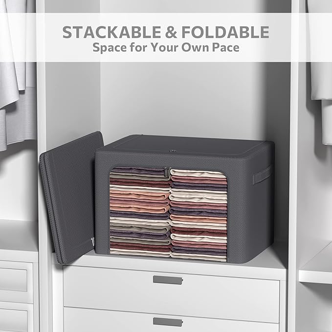CYhom 3Pack Stackable Clothes Storage Bins - Oxford Frame Storage Box Foldable Clothing Storage Container Organizer Set with Clear Window & Carry Handles Large Capacity (Dark Gray, Large-66L)