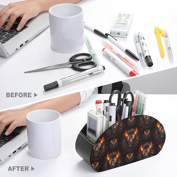 TV Remote Controllers Holder Fire Cool Lion Black Bedside Table Organizer | Desktop Storage Caddy Box, Fire Cool Lion Black, Pu Leather, 5 Compartments for Controller, Media Player