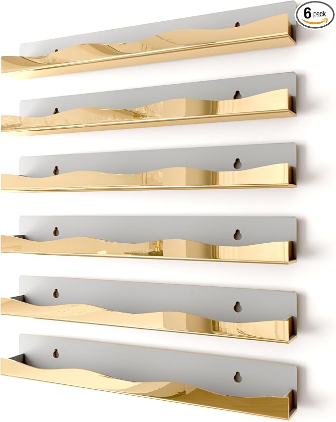 Wall-Mounted Nail Polish Organizer Rack - 15-Inch Gold Mirror Finish Nail Polish Shelf, Makeup & Beauty Essentials Storage - Multi-Purpose Display Holder for Small Space, Vanity Bathroom, 6 Pack