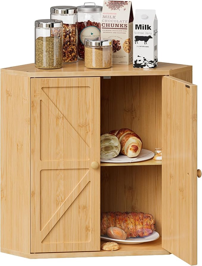 Trironsun Corner Bread Box for Kitchen Counter Double Layer Bamboo Bread Storage Container Large Capacity Bread Storage Bin Farmhouse Breadbox Organizer (Bamboo Natural)